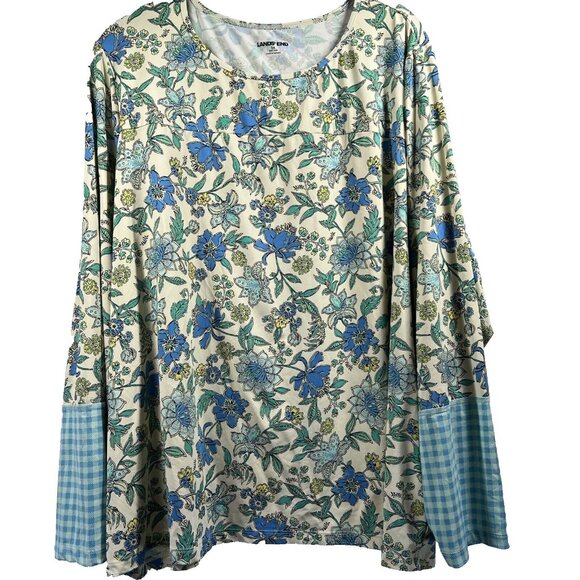 Lands End Women's Top Plus 3X Mixed Prints Blue Green Floral Long Sleeve Nylon - Picture 1 of 9